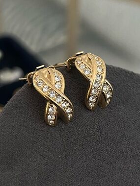 Authentic Vintage Dior Classic X's Cross Rhinestone Gold Clip-On Earrings